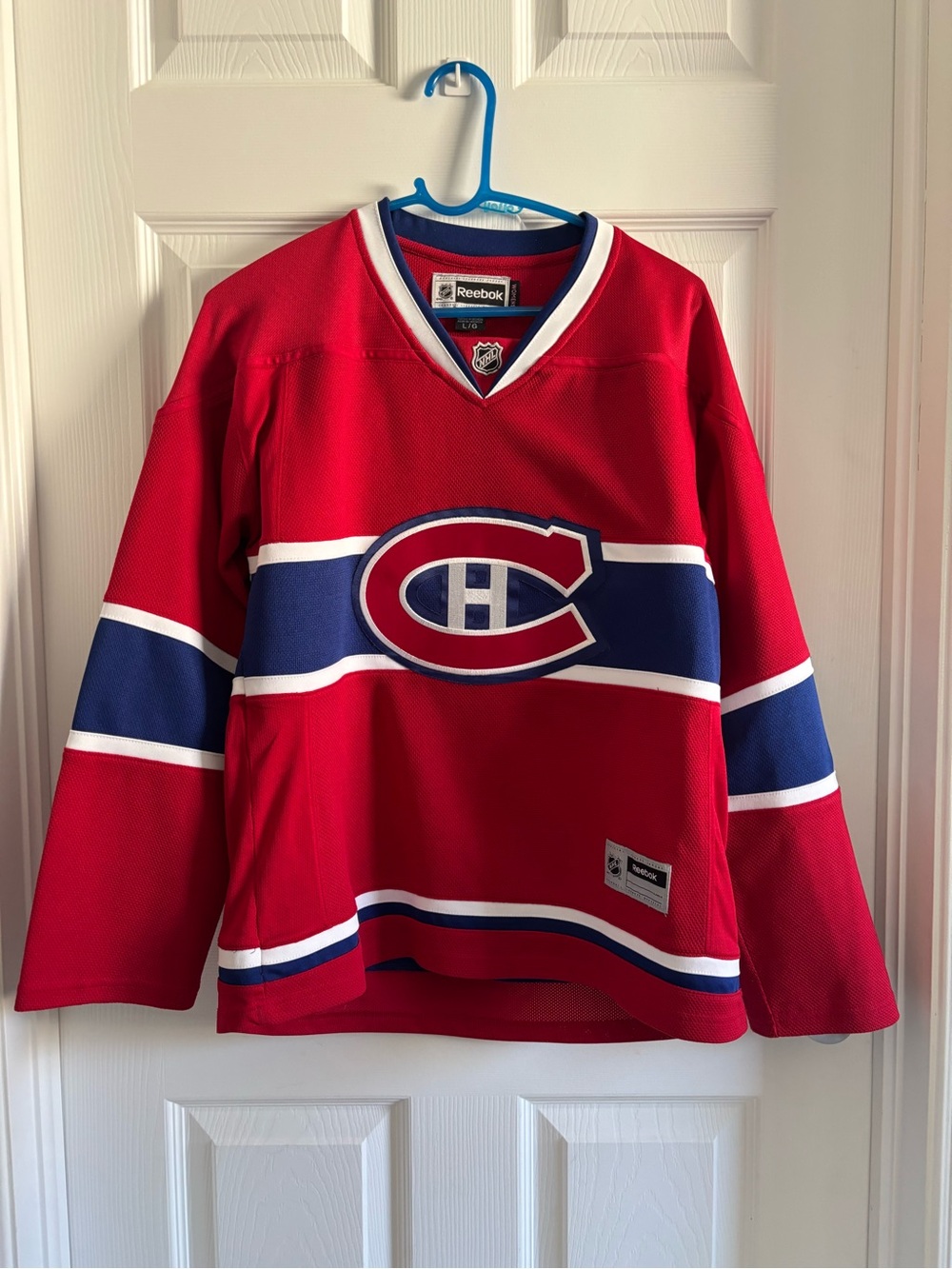 Reebok Red, Blue & White Montreal Canadiens Hockey Jersey Women’s Size Large